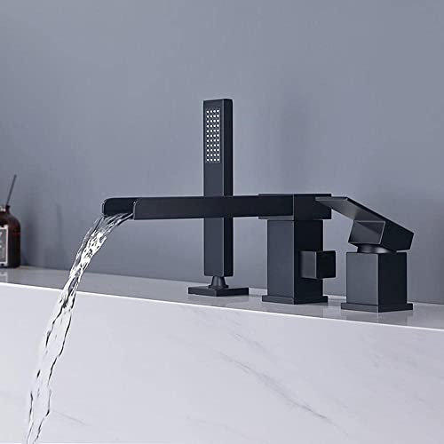 YRUIIA 3 Loch Badewannenarmatur Wannenrandarmatur mit Ausziehbarem Handbrause Wasserfall Dusche Einhand Mischer Wasserhahn Badewanne Wasserhahn badewanne Armatur für Badewanne-Schwarz