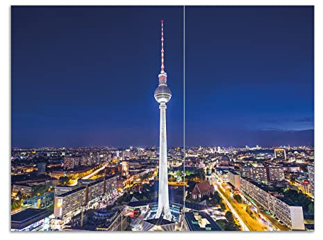 Wallario Herdabdeckplatte/Spritzschutz aus Glas, 2-teilig, 70x52cm, für Ceran- und Induktionsherde, Motiv Fernsehturm Berlin bei Nacht