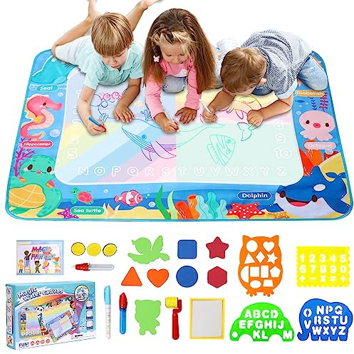 LEcylankEr Wasser Doodle Matte 120x90cm, Groß Aqua Doodle Wassermalmatte XXL, Magic Doodle Malmatte mit Wasserstift für 2-7 Jahre alt Junge Mädchen Kinder Baby Toddler (Ozean)