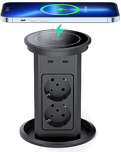 Automatisch Versenkbare Steckdose, Dinolink 4 Fach Aluminium Versenkbare Tischsteckdose mit 10W Kabellosem Ladegerät, 4 USB, 1,8M Kabel, Einbausteckdose für Arbeitsplatte Büro Küche, D 100mm
