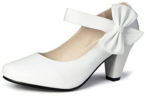 elerhythm Damen Mary Jane Vintage Heels mit Schleife Gatsby 1950er Pumps Closed Toe 1920er Jahre viktorianische Knöchelriemen Faux Wildleder Schuhe (Weiß EU39)