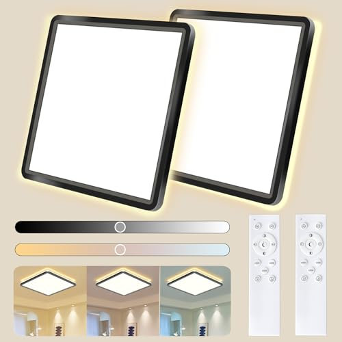 HABOWN LED Deckenleuchte Flach Dimmbar mit Fernbedienung, 24W 3200LM, 3000-6500K Ultra Dünn Deckenlampe Backlighteffekt Decke Lampe für Wohnzimmer Balkon, Quadrat, Schwarz, 2 stücke, (SKCL-300/F)