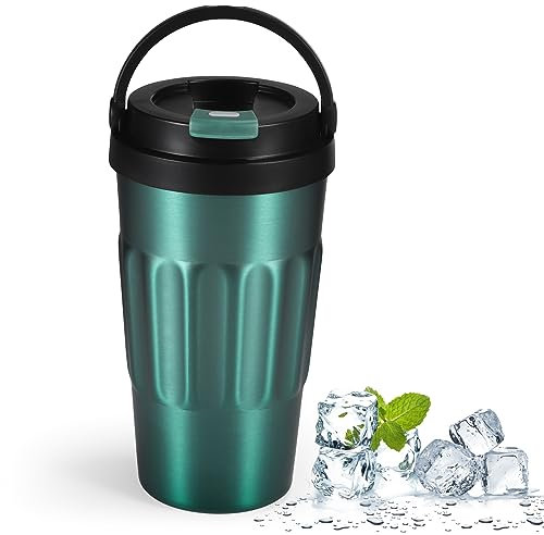 Ckbuity Travel Mug with Concealed Carry Handle, Leakproof Insulated Coffee Cup, Hot&Cold Tea Metal Texture Vacuum Insulation Stainless Steel Bottle for Car, Outdoor, Office, School - 500ml (Green)
