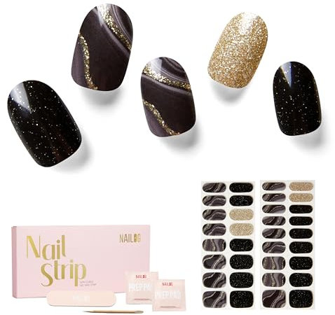 NAILOG Semi Cured Gel Nail Strips, 34 pcs Salon-Quality Gel Nail Stickers, Long Lasting Nail Wraps for Women with Soft Gel Finish, Vintage Print & Silver Glitter (Drifted)