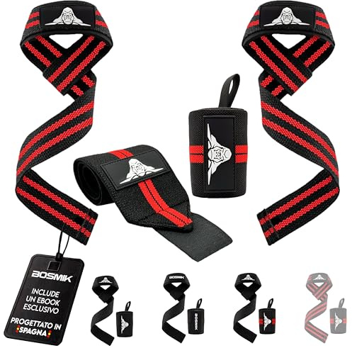 Bosmik Zughilfen Krafttraining und Handgelenk Bandagen - Gepolsterte Lifting Straps Gym & Wrist Wrap Equipment für Fitness Bodybuilding Kreuzheben Crossfit - Gym Zubehör Männer Frauen (Rot)