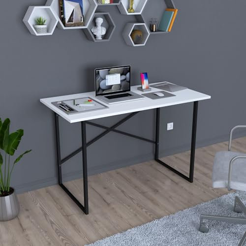 [en.casa] Escritorio Mesa de Ordenador Rectangular Rústico Estudio Trabajo para Oficina Aglomerado Estructura Metálica 120 x 60 x 75 cm - Patas Negras y Tablero Blanco