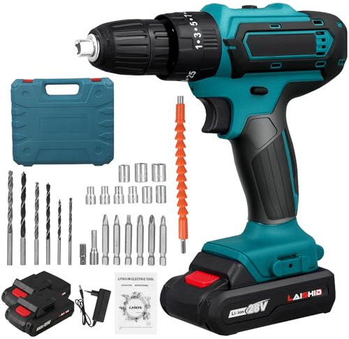 Vusddy Juego de destornilladores inalámbricos de 28 V, atornillador inalámbrico con 2 baterías de 1300 mAh, taladro inalámbrico de 45 N.m máximo, par de giro a 18+1 niveles, 2 marchas, de 10 mm