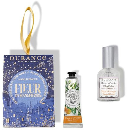 Durance Orangenblütenduft Handcreme 30ml & Kissenspray 50ml - Duo Geschenkset für Weihnachten - Feuchtigkeitscreme mit Süßmandelöl - Entspannendes Kissenspray Heimduft