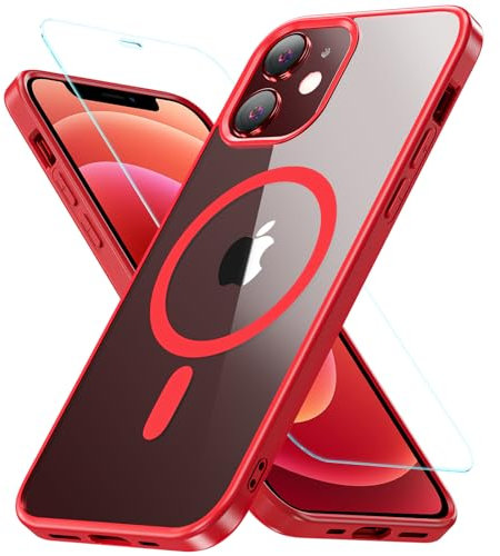 OWKEY Compatible with iPhone 12 Case, iPhone 12 Pro Case for Magsafe with Tempered Glass,[Shockproof Military-Grade] Transparent Back Magnetic Slim Bumper Cover Phone Case for iPhone 12 (Pro), Red