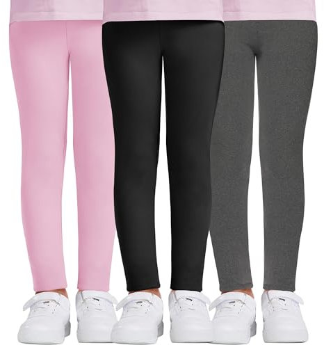 DDOBB Leggings Mädchen, High Waist Leggins Kinder Sportleggins Lange 3er-Pack, Weich Elastisch Basic Sporthose Blickdichte Hose für Tanz Yoga Alltag(Schwarz+Rosa+Hellgrau, L=(8-10 Jahre))