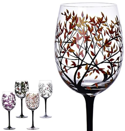 Four Seasons Tree Wine Glasses - Hand Painted Art Wine Glass, Spring Summer Winter Fall Colored Painted Glassware Decorative Wine Glasses Set, Unique Housewarming Gift (Stemmed Glass, Single, Autumn)
