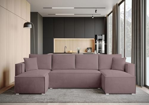 BROMARKT Ecksofa mit Schlaffunktion Sofa Cord Eckcouch mit Bettkasten Wohnzimmer Möbel U Form Couch gästebett Sofa Kissen groß 305x145x74 cm Altrosa