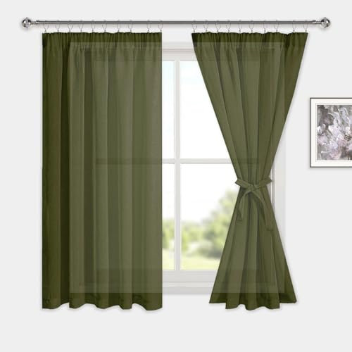 DWCN Voile Curtain Pencil Pleat Curtains with Tiebacks 72 Drop Sheer Curtains for Living Room Rod Pocket 2 Panels 2 Panels, Olive Green, W46 x L72 Inch