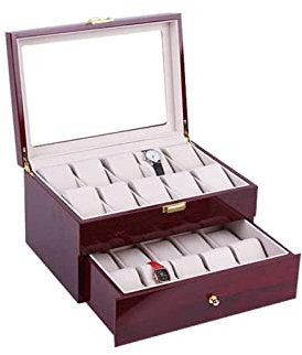 BOGAZY Uhrenbox uhrenschachtel Uhrenschmuck-Kollektion, Damen Herren, Klassisches Holz, 20 Gitter, 2-lagige Metallschnalle, Großer Uhrenbox-Organizer Uhren Aufbewahrungsbox (Color : Burgundy)