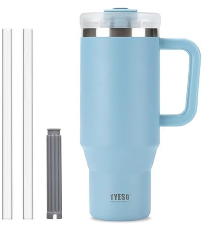 Coffee Cup Travel Mug with Handle, 40oz Tumbler with Lockable Lid, Stainless Steel Vacuum Insulated Water Bottle with Straw, Leakproof & Portable Travel Cup for Hot and Cold Drinks (Sky Blue)
