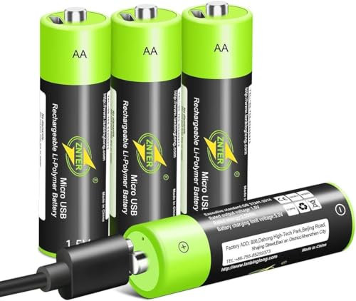 Pack of 4 AA Batteries, Rechargeable Batteries, Rechargeable Micro USB Double A Lithium Batteries, 1.5 V, 1700 mAh, Durable