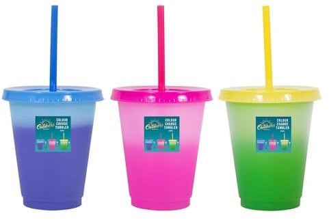 Pack of 3 Kids Colour Changing Tumblers With Straw Summer Party Picnic BBQ Blue Green Yellow Pink Reusable Cups Iced Cold Drinks