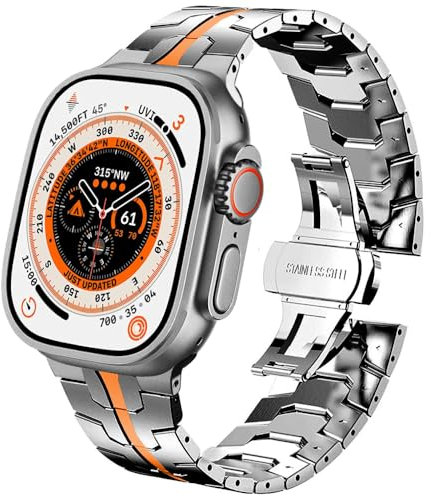 DEALELE Strap Compatible with Apple Watch 49mm 45mm 44mm 42mm, Thin Iron Man Stainless Steel Metal Replacement Bands for iWatch Series 9/8 / 7/6 / 5/4 / 3 / SE/Ultra Women Men, Titanium-orange