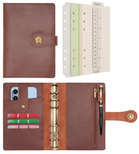 Wonderpool Ringbuch Notizbuch A6 Nachfüllbar Leder Tagebuch Organizer Binder Ordner mit Taschen Liniertes Papier Stift für Büro Schule Geschäft Reisen Planung Schreiben (Kaffee,A6)