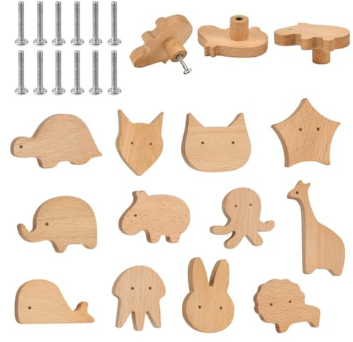 KYYGKY 12 PCS Wooden Cabinet Knobs with Screws, Drawer Handles Animal Shape Furniture Pull Handle Cupboards Door Knob Decorative Wood Dresser Knobs for Kitchen Bedroom Cabinet - Rabbit Lion Fox Cat