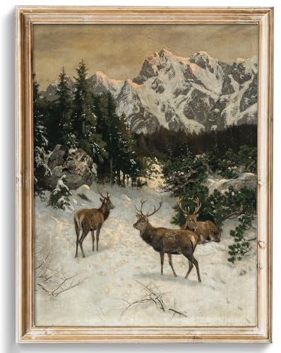 uniro Vintage-Wandkunstdrucke, Vintage-Weihnachtsdruck, Winterlandschaft, Ölgemälde, rustikales Hirschgebirge, Weihnachtsbild, Wanddekoration, Retro, gedeckte verschneite Landschaft, Urlaub,