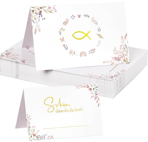 MEJOSER 50 Stück Tischkarten Kommunion Taufe Konfirmation Tischdeko Namensschilder Mädchen Schön dass du da bist Platzkarten Namenskarten zum Beschriften Hochzeit Party Deko Tischkärtchen Geburtstag
