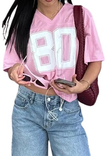 Damen Y2K Basketball-T-Shirt, kurzärmelig, V-Ausschnitt, Zahlendruck, übergroßes T-Shirt, lockeres Blokecore-Jersey, Shirt, ästhetische Streetwear, Pink B, XL