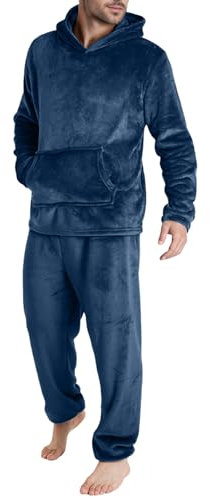 Vexuqedy Pigiama da uomo in pile spesso, in cotone, con cappuccio e pantaloni da sonno, set di pigiama in flanella, morbido, confortevole, invernale, con calda imbottitura, due pezzi e pantaloni da