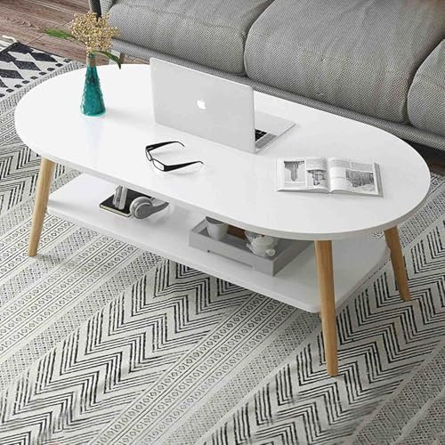 GMBAYUE 2-Stöckige Couchtische aus Holz, Couchtisch Oval mit Ablagefläche, Mid Century Modern Beistelltisch, Vintage Cocktailtisch für Wohnzimmer, Büro, Hotel(White,80x40cm(31.5x15.7in))