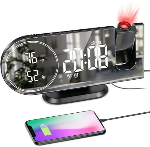Geevon Digitale Projektion Uhr mit Spiegel Bildschirm, 7 Zoll LED, Wecker Radio FM, Batterie Backup, 15 Stufen Lautstärke, Snooze, 180 Grad Projektor, USB Ladestation, 12/24 H, Temperatur Feuchtigkeit