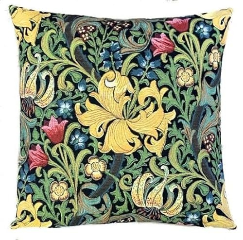 Home of Christmas Kissenbezug 45x45 cm Gobelin Kissen Kissenhülle Sofakissen Dekokissen (Goldene Lilie William Morris)