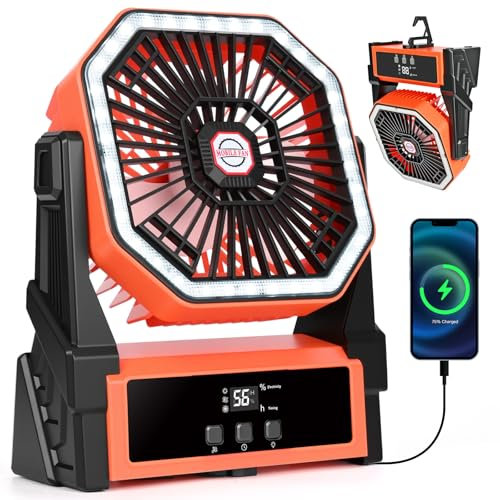 Camping Ventilador 15000mAh, Portátil Recargable para Tienda de Campaña al Aire Libre con Gancho, Luz LED Ventilador de Escritorio USB Potente de 4 Velocidades para Tienda de Campaña al Aire Libre