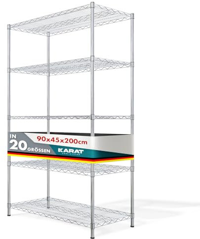 KARAT Metallregal - Aufbewahrungseinheit mit 5 Regalböden, höhenverstellbaren Einlegeböden und Nivellierfüßen (Everest Chrom - 90 x 45 x 200 cm)