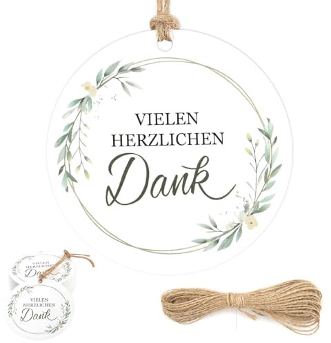 50 Stück Geschenkanhänger Runde, 5 cm Danke Anhänger Hochzeit, Dankeschön Etiketten mit Schnur, Tags mit Blatt Mustern für Hochzeit, Baby Shower Party, Kommunion Taufe und Geburtstagsfeier