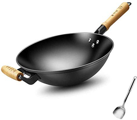 GAOAZHEN Hand-Made Cast Iron Wok, with Uncoated Non-Stick Pan, Old-Fashioned Gas Stove, Induction Cooker, Suitable for Cooking Wok,A,32cm