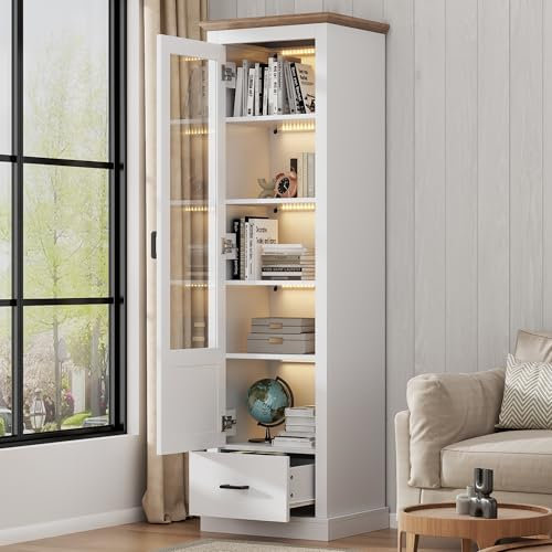 Moderne LED Vitrine Weiß Matt 178cm mit USB-Anschluss, 16 Farben Fernbedienung, Standvitrine mit Holzdekor, Glasvitrine Hochschrank mit Schublade, 5 Fächer Display Schrank 50x35x178CM