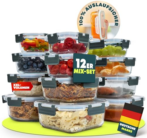 uandu Glasbehälter mit Deckel, 12- teilig, Meal prep Gläser, Frischhaltedosen Glas mit Deckel, Glasdosen mit Deckel Set, Meal prep Boxen Glas