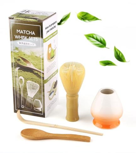 Lafefe Matcha Set (4-Piece) Which Resin Manufacturing Matcha Whisk, Matcha Bowl, Chasen, Matcha Spoon,Ideal Starter Matcha Kit for Easy Matcha Making (Orange White)