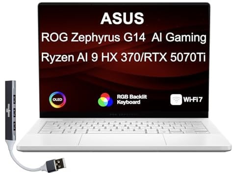 ASUS ROG Zephyrus Gaming Laptop 14 120Hz OLED 3K 500 nits DCI-P3 100% | (AMD Ryzen AI 9 HX 370, GeForce RTX 5070 Ti 12GB, 32GB LPDDR5X, 8TB SSD, Copilot, WiFi 7, RGB KB, Win11Home) w/DKZ USB Hub
