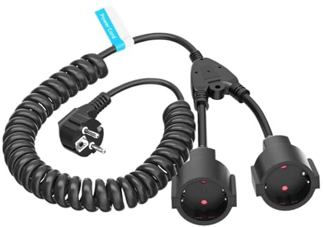 3-adriges Spiral-Verlängerungskabel mit 2-fach Steckdosen, Doppel-Schuko-Stecker, 1 bis 2 Schutzkontakte, dehnbar(10m black)