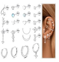 LOLIAS 21Pcs Helix Piercing Jewellery Hypoallergenic Tragus Earrings Flat Back Earrings Silver Helix Hoop Tragus Stud Cartilage Earring Rook Daith Ear Conch Piercing Jewellery Silver Earring for Women