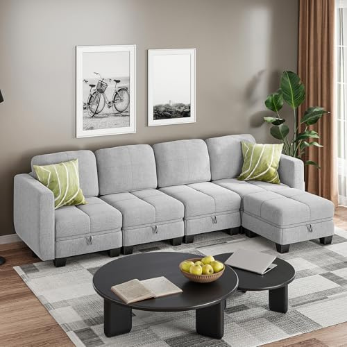 Jooli H 4 Seater Sofa with Movable Ottoman, Fabric Corner Sofa with Hidden Storage and Upholstered Cushions, L-Shaped Modular Sectional Sofa for Living Room and Home Office, Light Grey