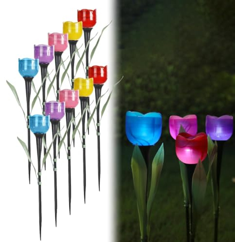 WRQIOO 10 luces solares de tulipán, luces solares de flores para jardín al aire libre, impermeables, multicolor, iluminación de caminos, flores para patio, valla, decoración de jardín