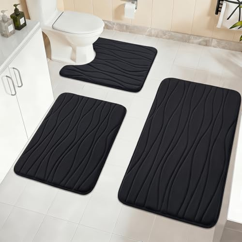 Homcomodar Badezimmerteppich Set 3 Weicher Memory-Schaum Badematte rutschfest Badteppich Waschbar Badematte Wasserabsorbierend und U-Form Bad Toilette für Dusche, WC & Badewanne (Schwarz)
