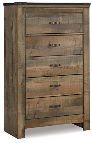 Signature Design by Ashley Trinell Rustic 5 Drawer Chest of Drawers with Nailhead Trim, Warm Brown