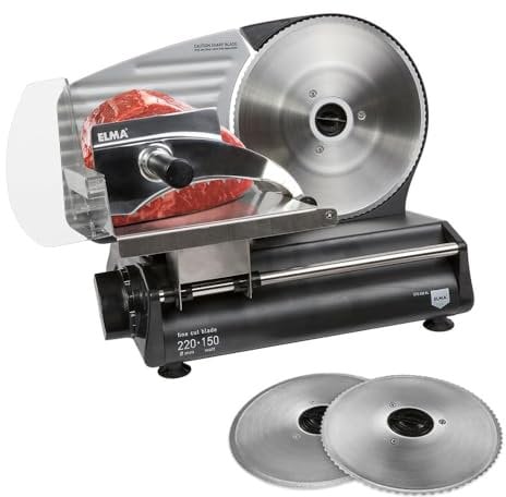 ELMA Cortafiambres Eléctrico Premium CFD220 XL con 2 Cuchillas | Ø 220 mm | 150W, 31 x 25 x 41 cm | Cuchillas de Acero Inox Desmontable | Apto para uso Doméstico no para uso Profesional