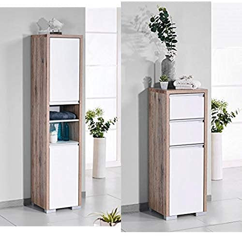 Schildmeyer Bello Hochschrank Wildeiche Dekor 34,5 / 33 / 154,5 cm & Bello Unterschrank 138176, Wildeiche Dekor / Weiß glanz, 34,5 / 33 / 97 cm
