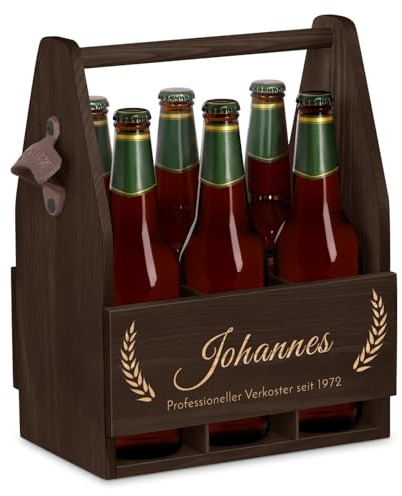 Maverton Bierträger für 6 Flaschen 0,5L mit Gravur | Männerhandtasche mit Flaschenöffner, Größe: 25x17x32cm, aus Holz, personaliserte Geschenke für Männer zum Geburtstag