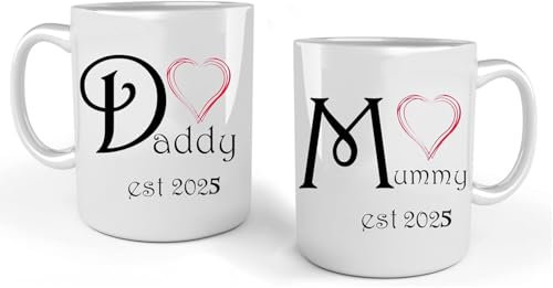 iTRONiK New Mummy and Daddy est 2025 Mugs Set, Perfect for New Parents Mum and Dad, White, 11 Oz Mugs