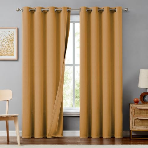 Melodieux Gelbe Leinen Verdunkelungsvorhänge 213 cm lang für Schlafzimmer, Wohnzimmer, rustikale Jute, wärmeisoliert, Raumverdunkelung, Ösen, Vorhänge, 127 x 213 cm, 2 Paneele
